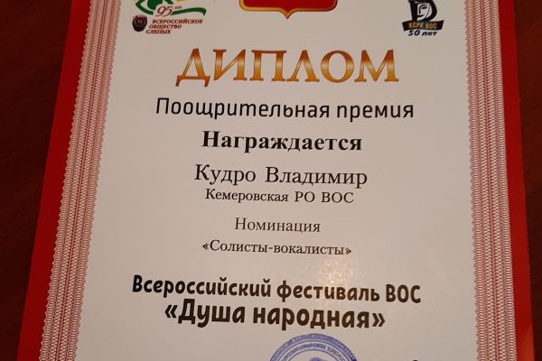 Диплом Кудро В.В. - Всероссийский фестиваль ВОС Душа народная